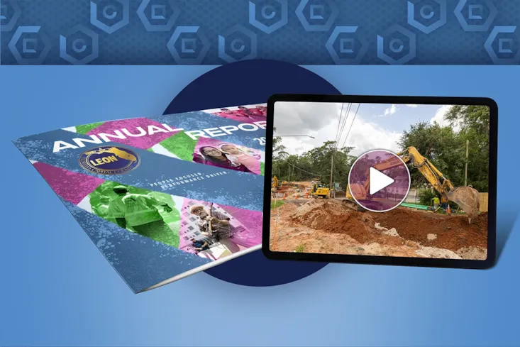 Annual Report document cover and tablet video mockup