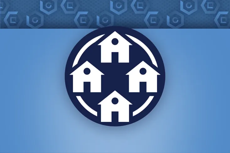 Four house symbols connected by a circle