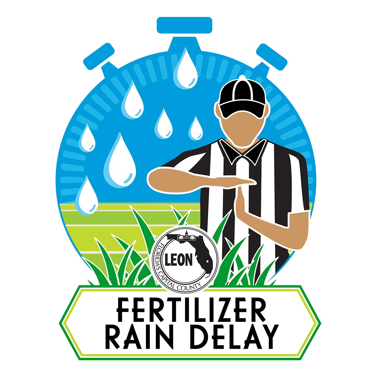 Fertilizer Rain Delay Logo — blue stopwatch shape with raindrops and a referee calling a timeout